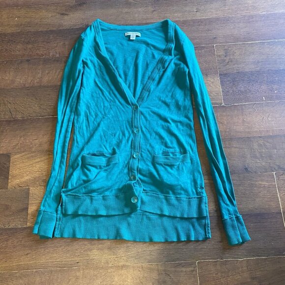 American Eagle Cardigan Button Up V Neck Sweater Green Women’s XS Y2K Academia - Picture 1 of 6